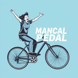 Person energetically riding a pedal bicycle, with the phrase 'MANCAL PEDAL' artistically integrated into the design