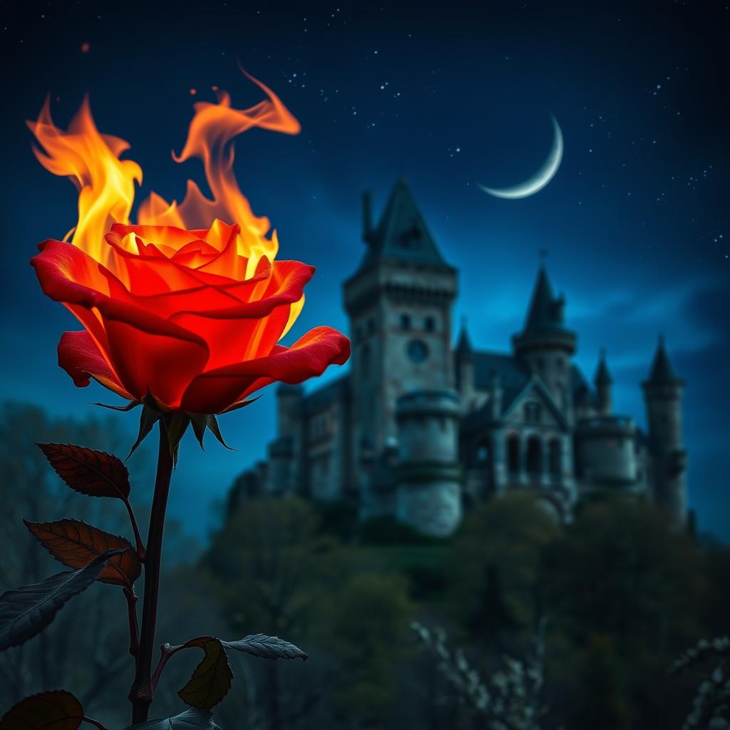 A captivating scene featuring a burning rose positioned in the foreground, its fiery petals ablaze with vibrant orange and red hues, beautifully illuminating the surroundings