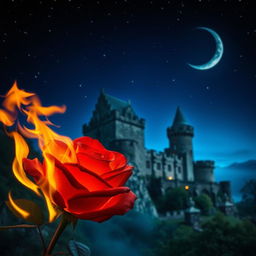 A captivating scene featuring a burning rose positioned in the foreground, its fiery petals ablaze with vibrant orange and red hues, beautifully illuminating the surroundings