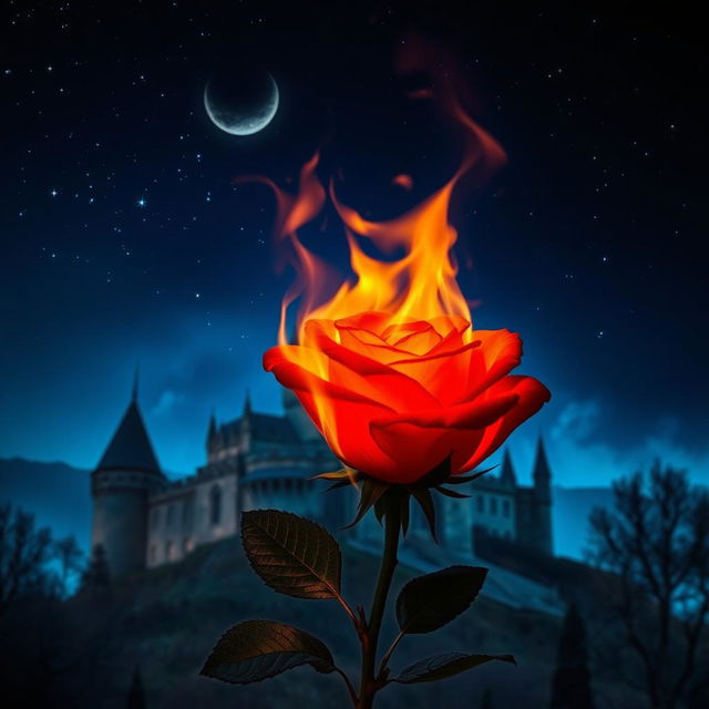 A captivating scene featuring a burning rose positioned in the foreground, its fiery petals ablaze with vibrant orange and red hues, beautifully illuminating the surroundings