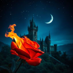 A captivating scene featuring a burning rose positioned in the foreground, its fiery petals ablaze with vibrant orange and red hues, beautifully illuminating the surroundings