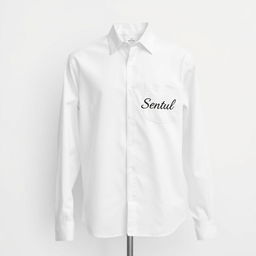 a crisp white long-sleeve shirt featuring the word "Sentul" elegantly embroidered on the right chest