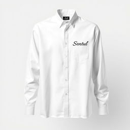 a crisp white long-sleeve shirt featuring the word "Sentul" elegantly embroidered on the right chest