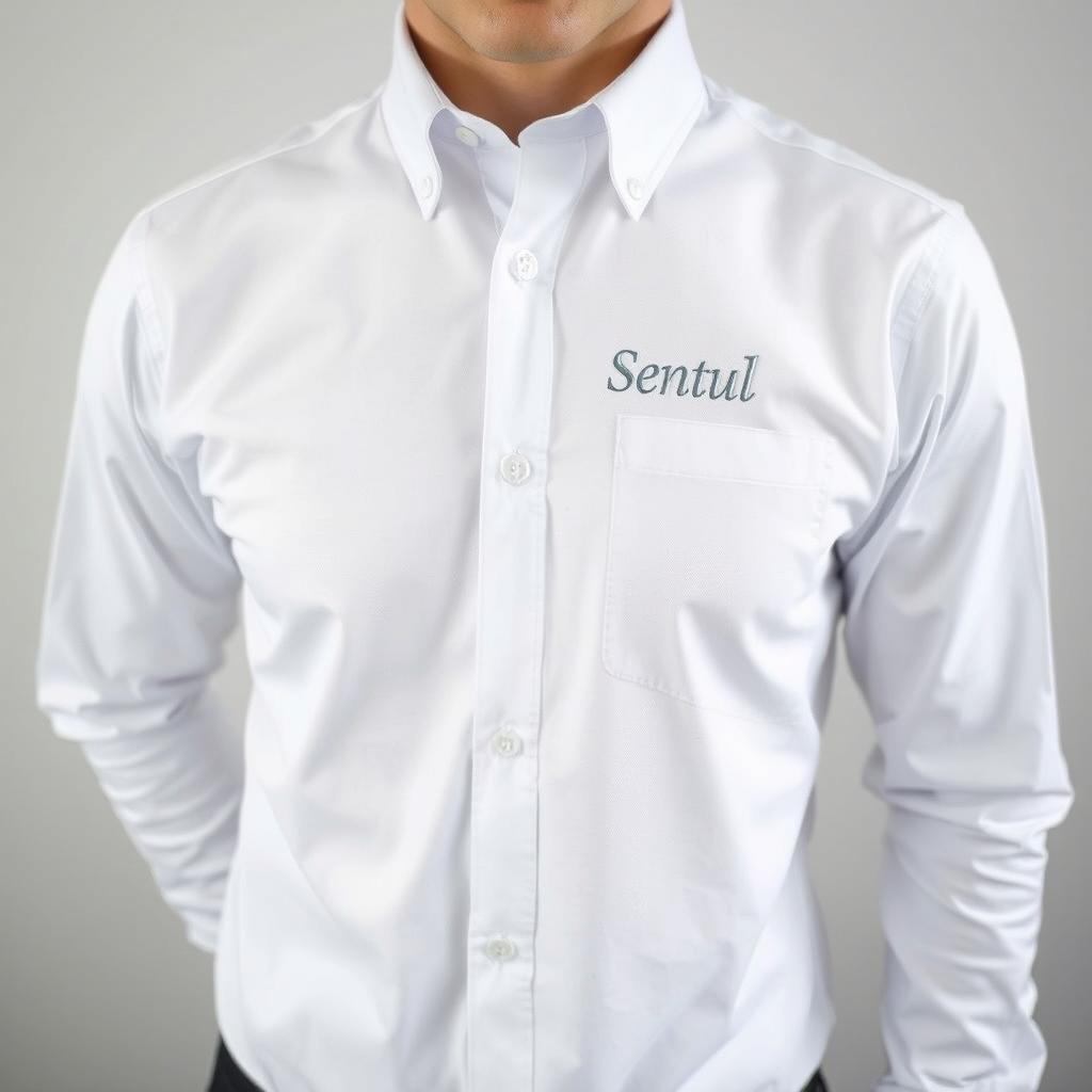 A white long-sleeved shirt featuring the word 'Sentul' on the left chest area