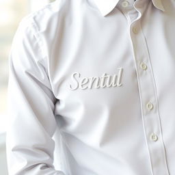 A white long-sleeved shirt featuring the word 'Sentul' on the left chest area