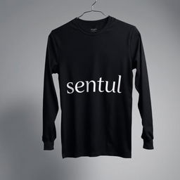 a black long-sleeve shirt with the word "sentul" written on it in a stylish font