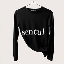 a black long-sleeve shirt with the word "sentul" written on it in a stylish font