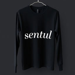 a black long-sleeve shirt with the word "sentul" written on it in a stylish font