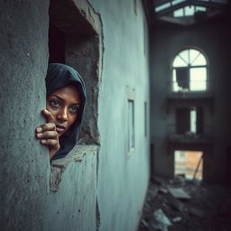 A dark-skinned woman wearing a hijab is nervously peeking from behind the wall of a dilapidated, terrifying building