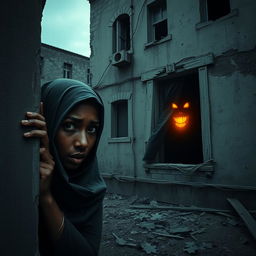 A dark-skinned woman wearing a hijab is nervously peeking from behind the wall of a dilapidated, terrifying building