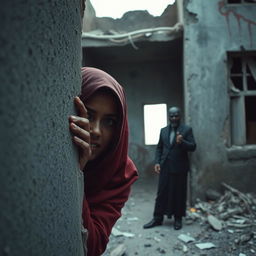 A dark-skinned woman wearing a hijab is nervously peeking from behind the wall of a dilapidated, terrifying building