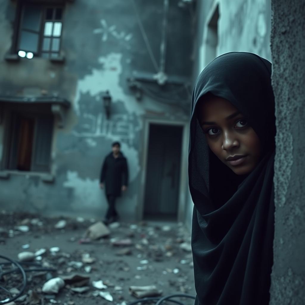 A dark-skinned woman wearing a hijab is nervously peeking from behind the wall of a dilapidated, terrifying building