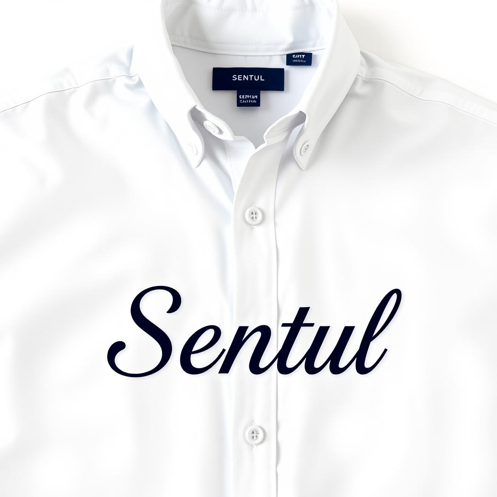 A crisp white shirt featuring the word 'Sentul' in an elegant font