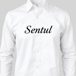 A crisp white shirt featuring the word 'Sentul' in an elegant font