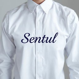 A crisp white shirt featuring the word 'Sentul' in an elegant font