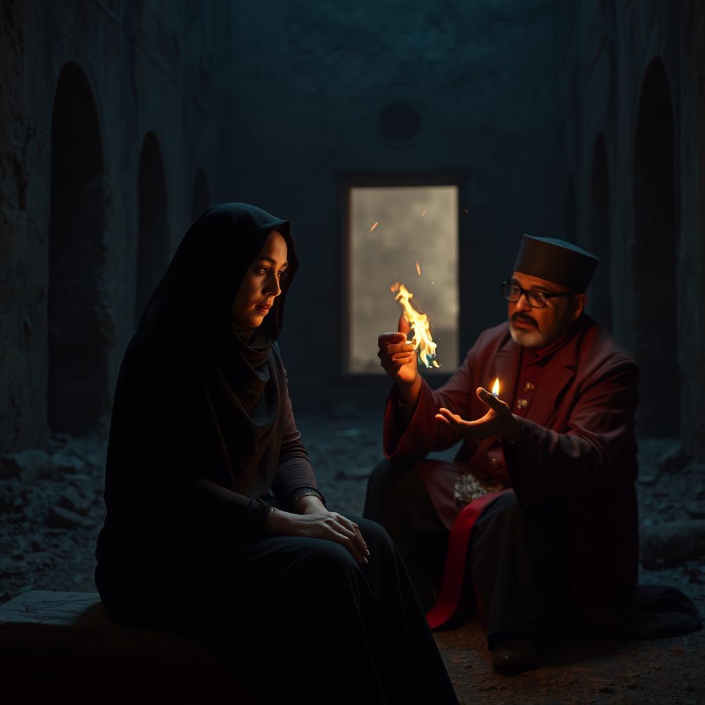 A dark-skinned woman wearing a hijab, sitting with a charlatan magician in a terrifying abandoned building in Egypt