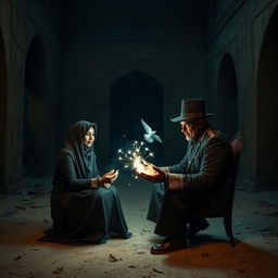 A dark-skinned woman wearing a hijab, sitting with a charlatan magician in a terrifying abandoned building in Egypt