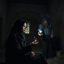 A dark-skinned woman wearing a hijab, sitting with a charlatan magician in a terrifying abandoned building in Egypt