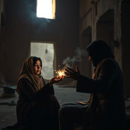 A dark-skinned woman wearing a hijab, sitting with a charlatan magician in a terrifying abandoned building in Egypt