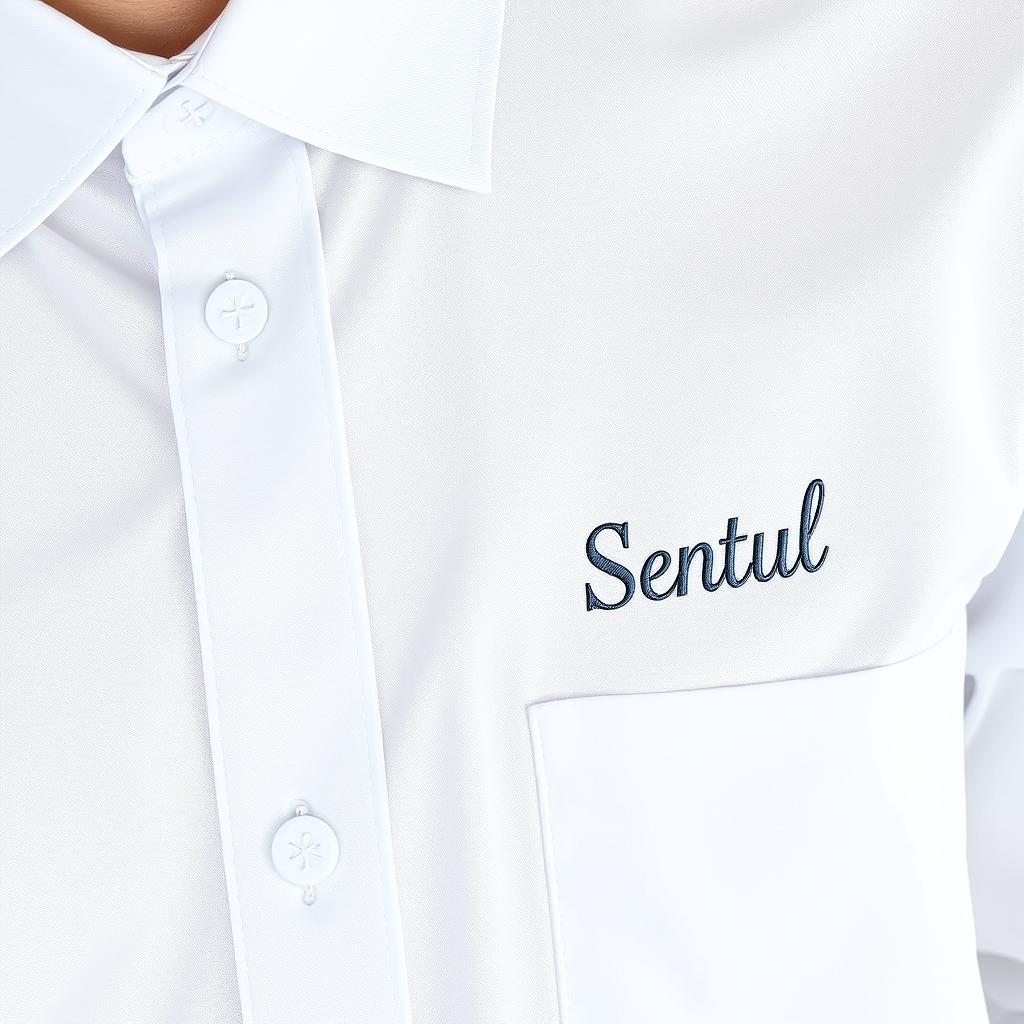 A crisp white dress shirt with 'Sentul' elegantly embroidered on the left chest