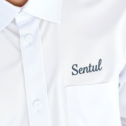 A crisp white dress shirt with 'Sentul' elegantly embroidered on the left chest