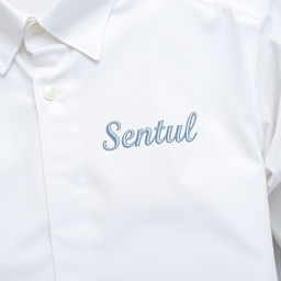 A crisp white dress shirt with 'Sentul' elegantly embroidered on the left chest