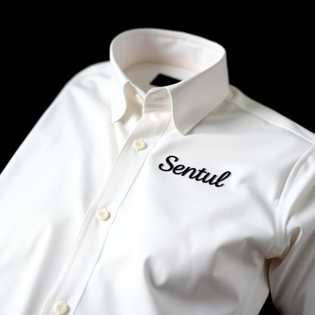 A crisp white dress shirt with 'Sentul' elegantly embroidered on the left chest