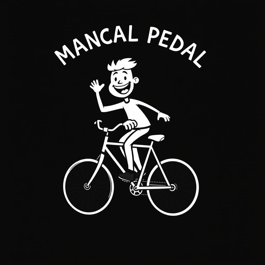 Cartoon illustration of a person energetically riding a pedal bicycle, featuring bold and playful lines