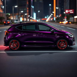 A Proton Iriz car with a sleek dark purple body, showcasing its dynamic design and contours