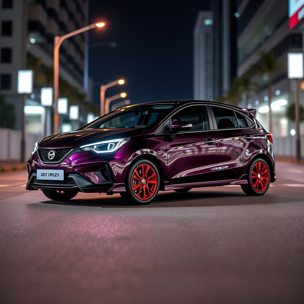 A Proton Iriz car with a sleek dark purple body, showcasing its dynamic design and contours