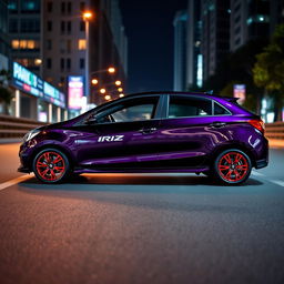 A Proton Iriz car with a sleek dark purple body, showcasing its dynamic design and contours