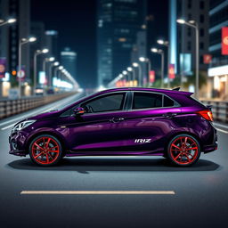 A Proton Iriz car with a sleek dark purple body, showcasing its dynamic design and contours