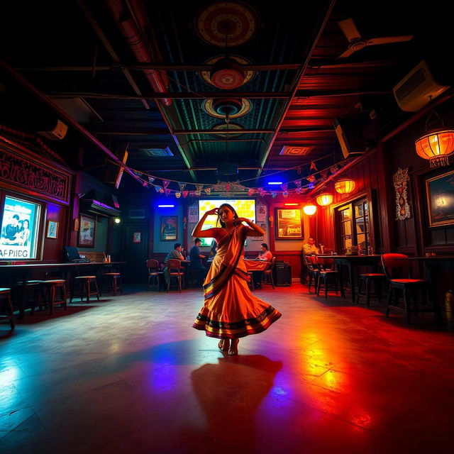 Inside an old Nepali dance club with a spacious area, the scene is set at night with vibrant, colorful lights illuminating the atmosphere