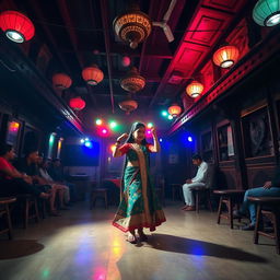 Inside an old Nepali dance club with a spacious area, the scene is set at night with vibrant, colorful lights illuminating the atmosphere