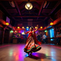 Inside an old Nepali dance club with a spacious area, the scene is set at night with vibrant, colorful lights illuminating the atmosphere