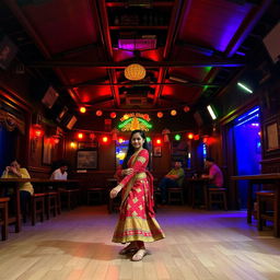 Inside an old Nepali dance club with a spacious area, the scene is set at night with vibrant, colorful lights illuminating the atmosphere