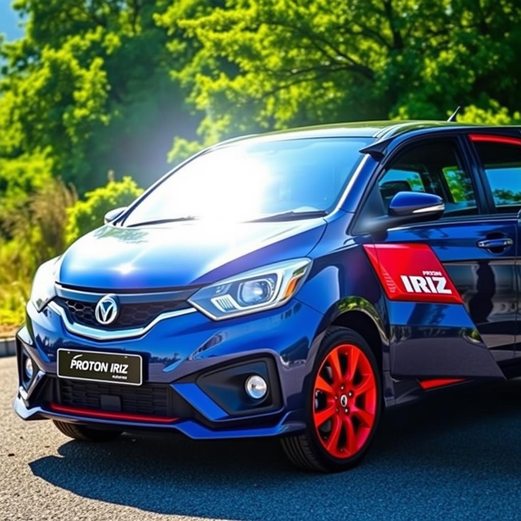 a dark blue Proton Iriz with striking red rims, parked in a scenic outdoor setting