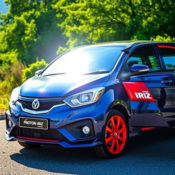 a dark blue Proton Iriz with striking red rims, parked in a scenic outdoor setting
