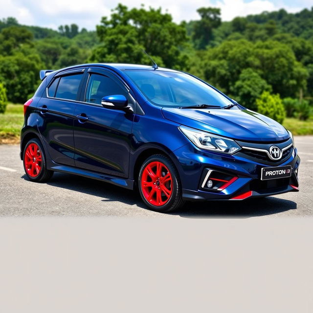 a dark blue Proton Iriz with striking red rims, parked in a scenic outdoor setting