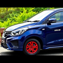 a dark blue Proton Iriz with striking red rims, parked in a scenic outdoor setting