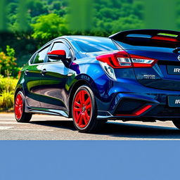 a dark blue Proton Iriz with striking red rims, parked in a scenic outdoor setting