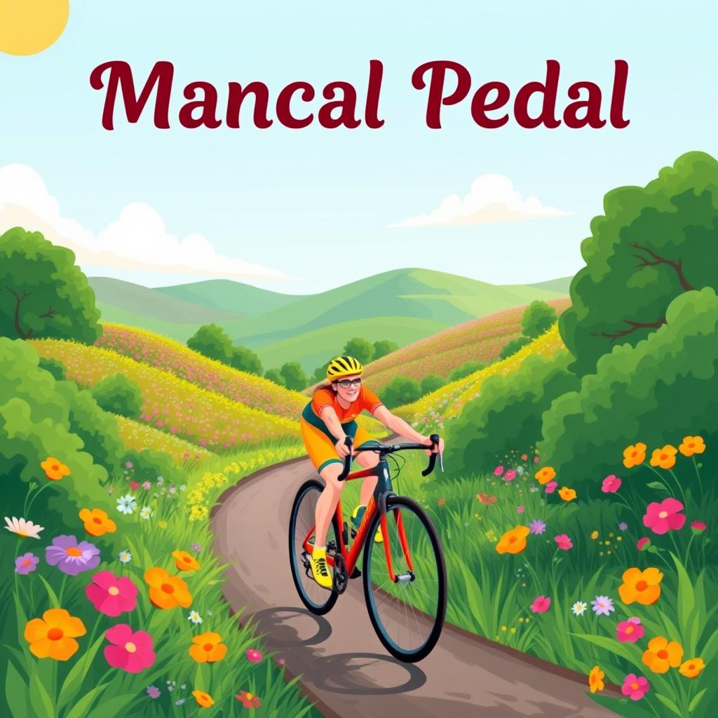 A vibrant illustration of a scene depicting a cyclist riding through a scenic landscape filled with lush greenery and colorful flowers