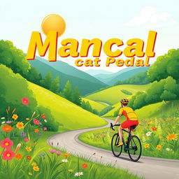 A vibrant illustration of a scene depicting a cyclist riding through a scenic landscape filled with lush greenery and colorful flowers