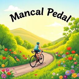 A vibrant illustration of a scene depicting a cyclist riding through a scenic landscape filled with lush greenery and colorful flowers