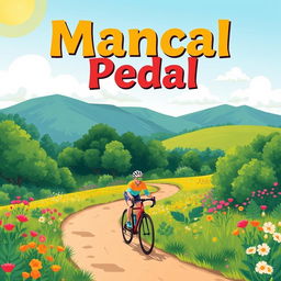 A vibrant illustration of a scene depicting a cyclist riding through a scenic landscape filled with lush greenery and colorful flowers