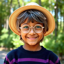 A young brown-skinned boy with shoulder-length gray hair, wearing a straw hat and a smile
