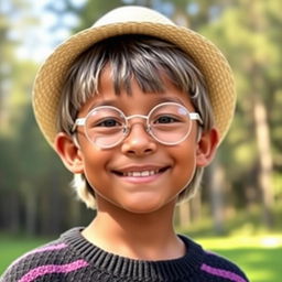 A young brown-skinned boy with shoulder-length gray hair, wearing a straw hat and a smile