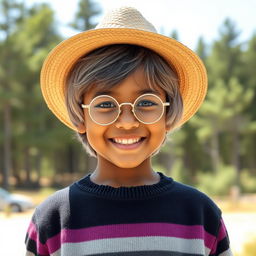 A young brown-skinned boy with shoulder-length gray hair, wearing a straw hat and a smile