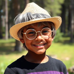 A young brown-skinned boy with shoulder-length gray hair, wearing a straw hat and a smile