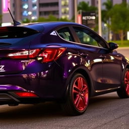 A Proton Iriz car with a sleek dark purple body and striking red rims